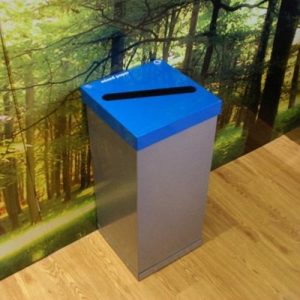 office recycling bin with silver body and blue top with paper slot