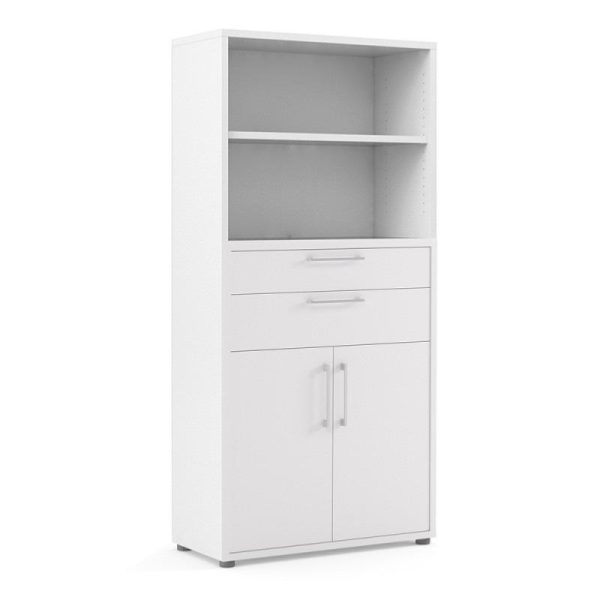 white office storage unit with 2 drawers, 2 doors and shelves
