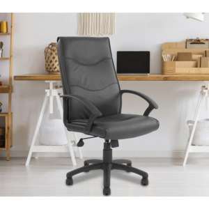 high back leather faced executive arm chair black in front of trestle style office desk