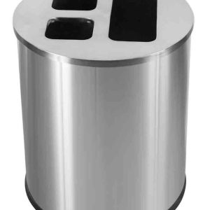 stainless steel office recycling bin with 3 cut outs for waste