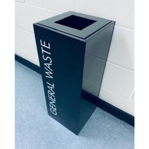 black office recycling bin with white lettering General Waste