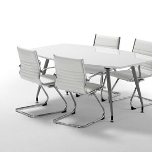 white meeting table in high gloss finish with 4 white meeting chairs