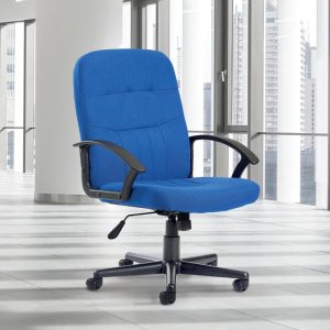 blue fabric office chair in light room shot