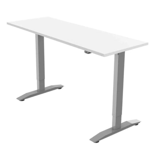 height adjustable desk with white desk top and silver leg frame