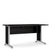 office desk with black woodgrain desk top and silver leg frame