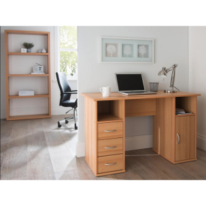 beech home office desk computer desk in room shot with office bookcase and office chair