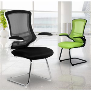 mesh back meeting chairs in room set. 1 black with white shell and one green