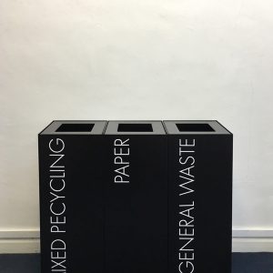 black office recycling bins with white lettering. Mixed Recycling, Paper and General Waste