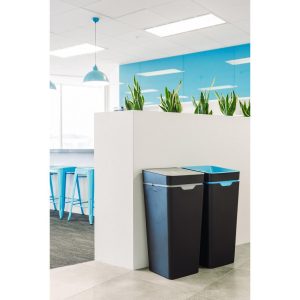 black office recycling bins with grey or blue top