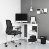 white corner desk with black mesh back office chair