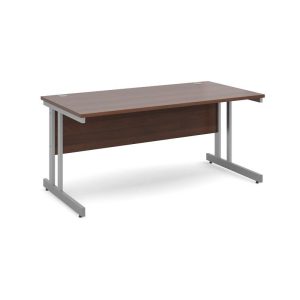 rectangular office desk with walnut desk top and silver cantilever frame