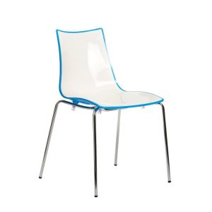 cafe chair with white seat and blue back with chrome frame