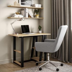 oak home office desk with black frame in home office room set with grey fabric office chair