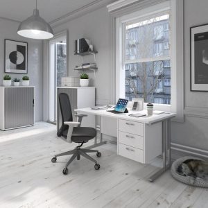 white office desk with silver cantilever leg frame in home office with office chair