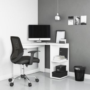 white coner desk in home office desk room shot. With black office chair