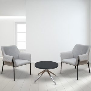 grey fabric reception lounge chairs with circular coffee table