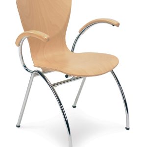 wooden cafe chair with arms and chrome frame