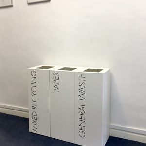 white office recycling bins with black lettering for Mixed Recycling, Paper and General Waste