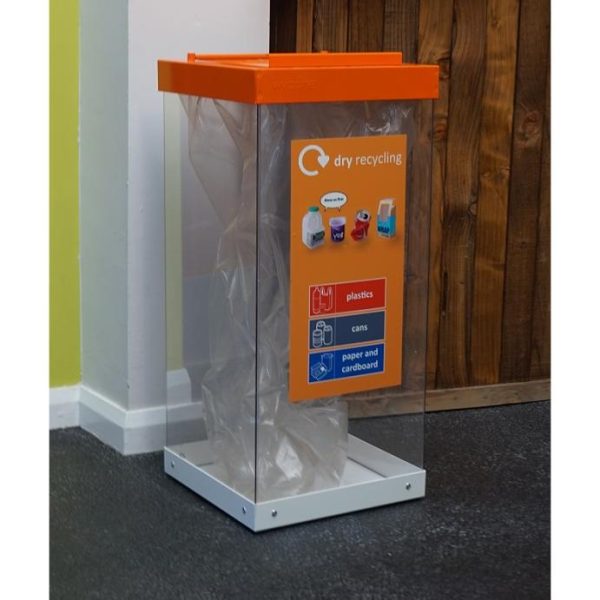 transparent office recycling bin with orange top and recycling sticker for Dry Recycling