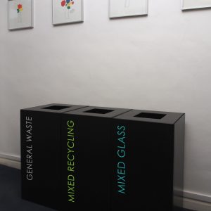 office recycling bins black with coloured lettering for General Waste, Mixed Recycling and Mixed Glass