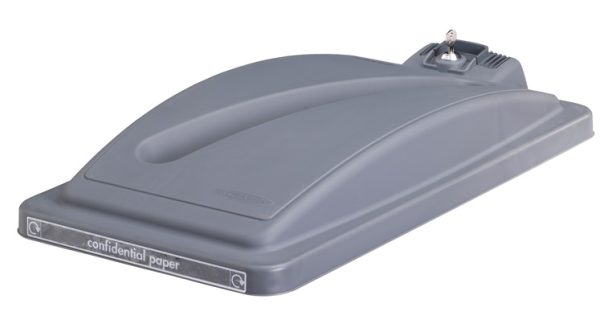 grey office recycling bin lid with slot and lock