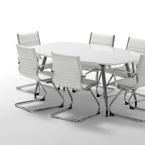 white boardroom table in high gloss finish and 6 white meeting chair