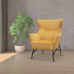 high back reception chair in yellow fabric in room shot with small tree